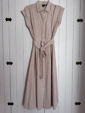 Gap linen blend midi shirt dress (XS, khaki tan stripe)
